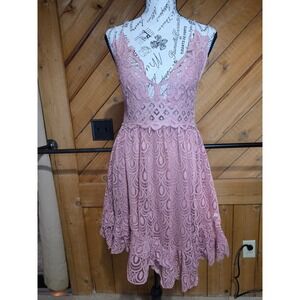 Free People FP One Adella Lace Slip Dress Dusty Rose Pink Boho Mini Dress Small